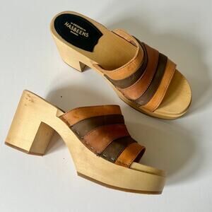 Swedish Hasbeens Anka Leather Striped Wooden Platform Heeled Sandals size 38